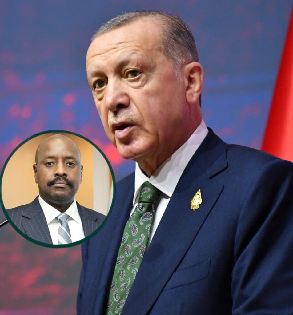 Turkish President Recep Tayyip Erdoğan pictured with an inset image of Uganda’s army commander, Gen. Muhoozi Kainerugaba.