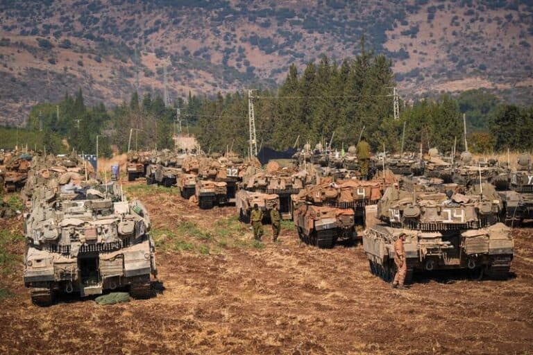 IDF tanks at a staging area near Israel Lebanon border