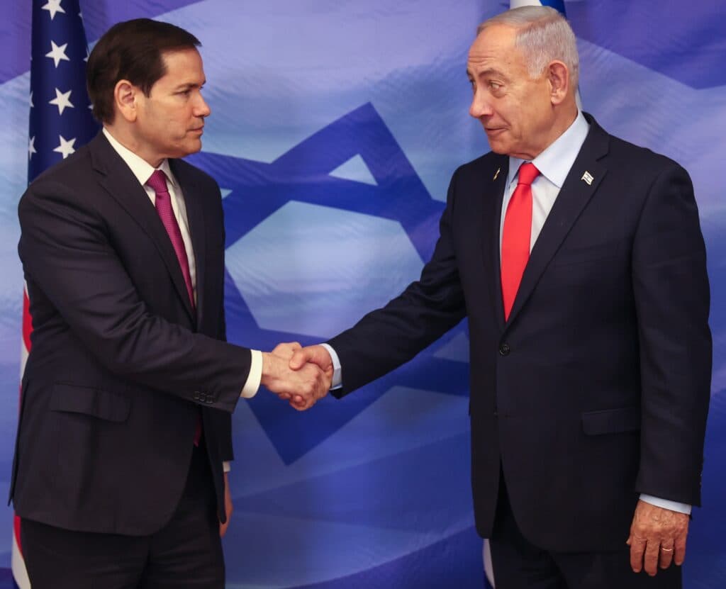 U.S. Secretary of State Marco Rubio shaking hands with Prime Minister Benjamin Netanyahu in Jerusalem.