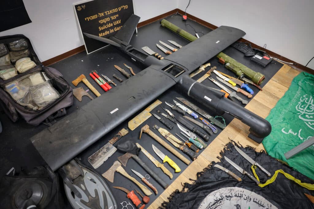 Combat equipment seized by the Israeli military is displayed at Tzrifin military base.