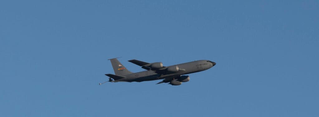 A U.S. Air Force aircraft flies in the sky above Tel Aviv.