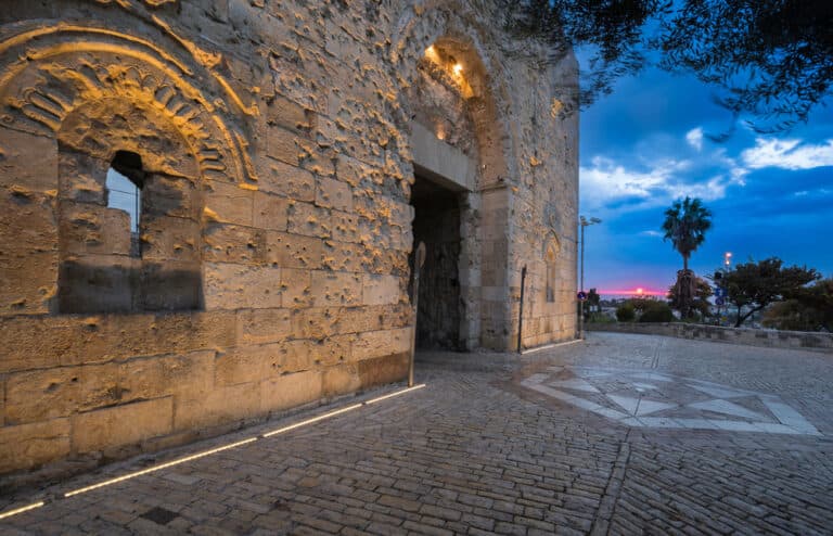 Zion Gate at dusk, Bullet Holes from 1948 War of Independence, Old City, Jerusalem