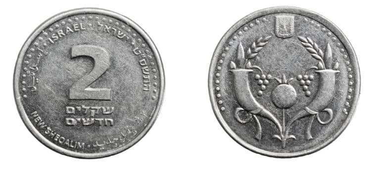 Front and back view of the Two New Israel Shekel