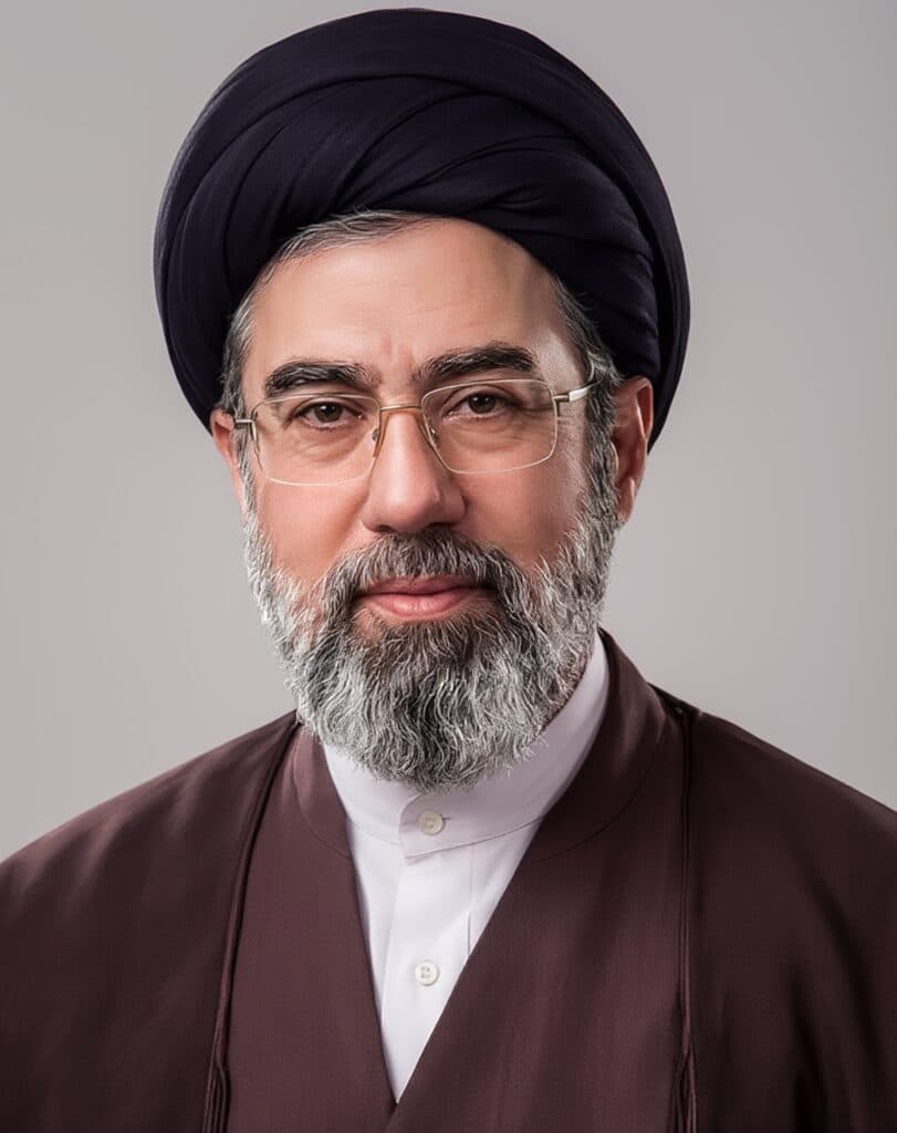 Mojtaba Khamenei wearing a black turban and glasses in a portrait