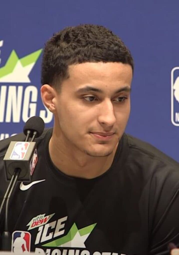 Kyle Kuzma speaks at an NBA press conference in 2019.