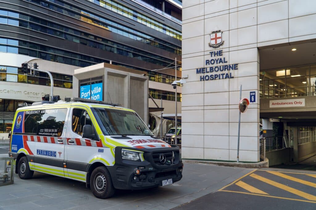 Ambulance outside The Royal Melbourne Hospital in Australia.