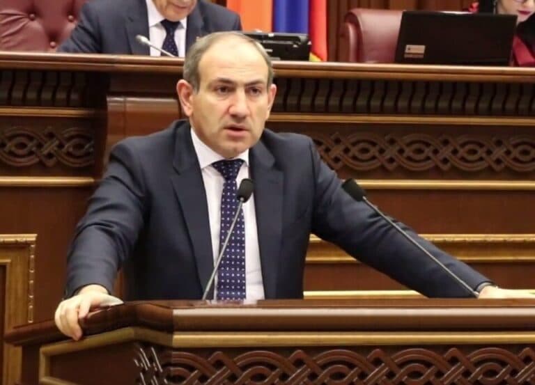 Armenian Prime Minister Nikol Pashinyan speaking during an interview.