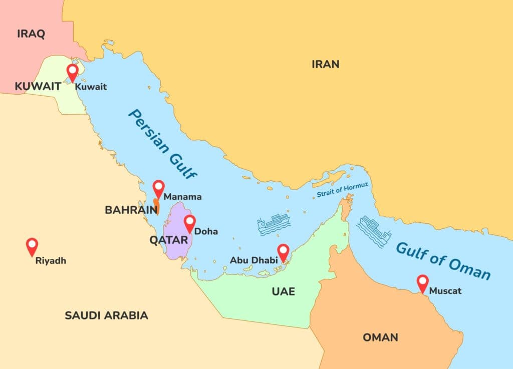 Map of the Persian Gulf and Strait of Hormuz showing Iran, Oman, the UAE, Qatar, Bahrain, Kuwait, and Saudi Arabia.