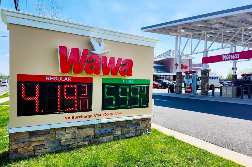 A Wawa gas station sign showing regular gasoline at $4.19 per gallon.
