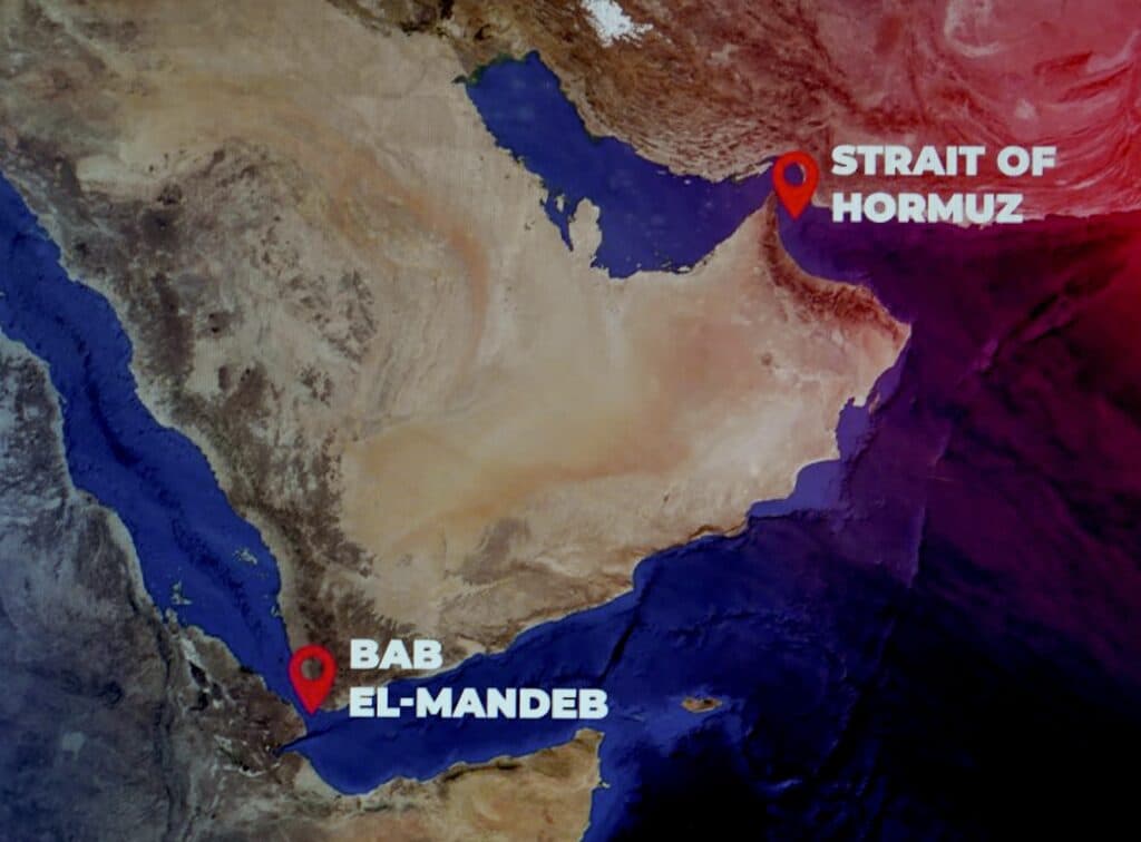 A map showing the Strait of Hormuz and Bab el-Mandeb maritime routes.