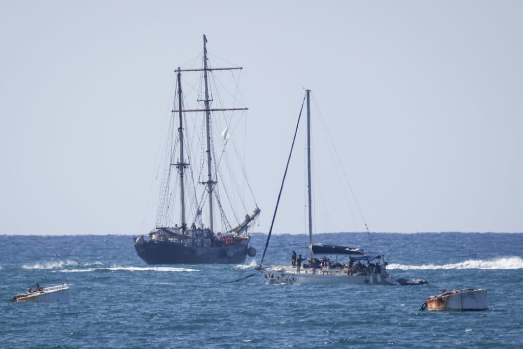 Two vessels at sea during an flotilla attempt to approach the Gaza Strip.