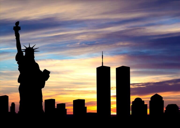 New York Skyline Silhouette With twin, towers against The Sunset