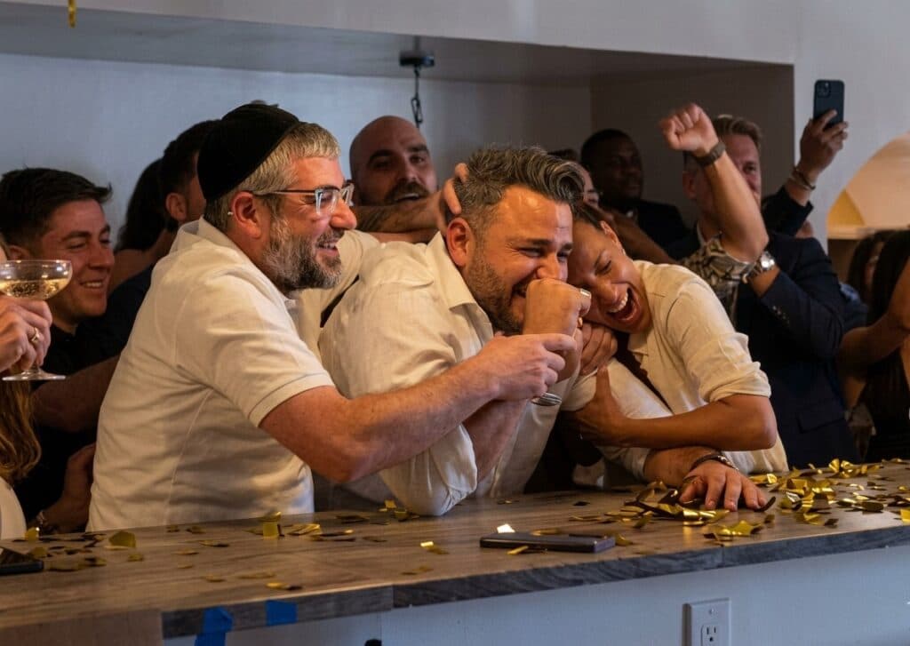 Staff celebrate inside a restaurant after a Michelin star announcement.