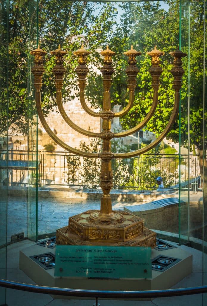 Model of the original golden Menorah from the Temple, Old City, Jerusalem