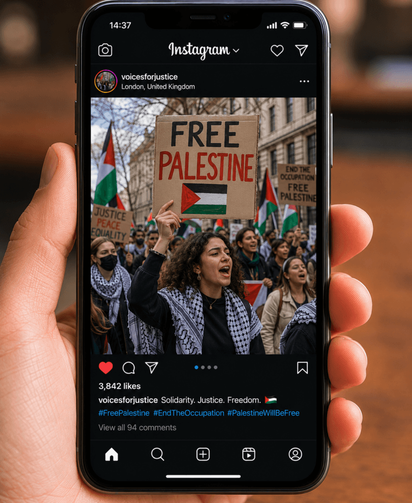Anti-Israel protest on Instagram, signs saying Free Palestine