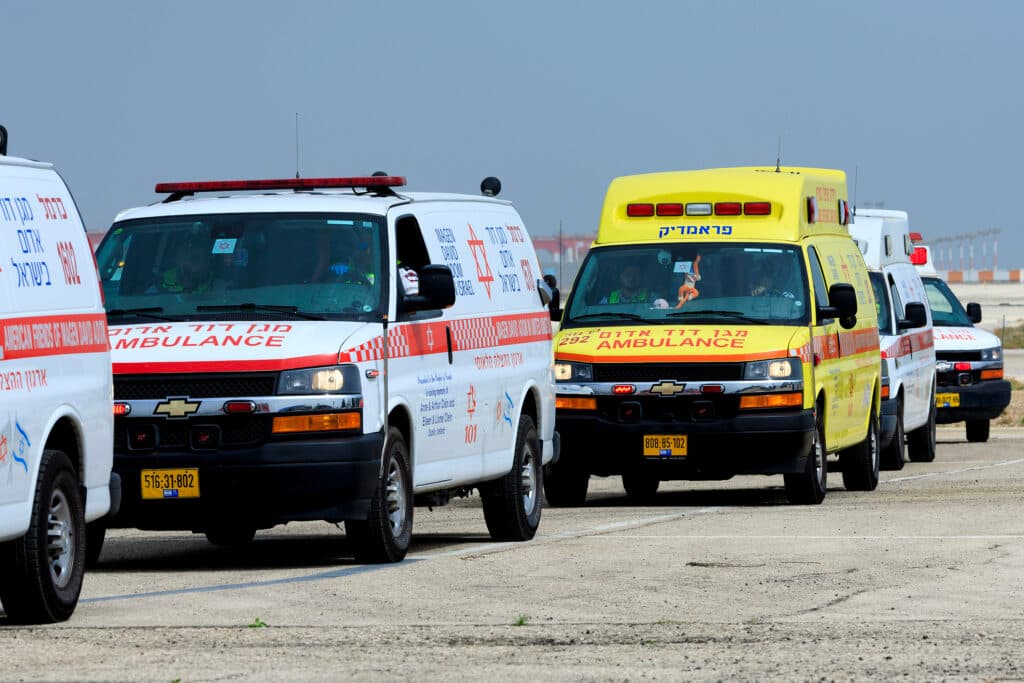 Magen David Adom ambulances during an evacuation training drill.
