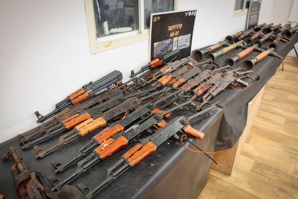 Seized rifles and weapons displayed by the Israeli military.