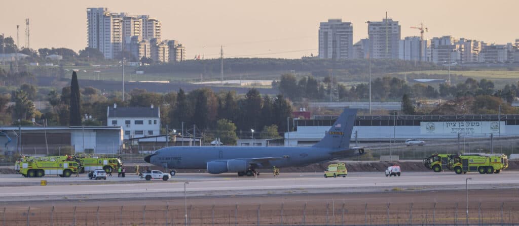 A U.S. Air Force Boeing KC-135 Stratotanker on the runway at Ben Gurion Airport.