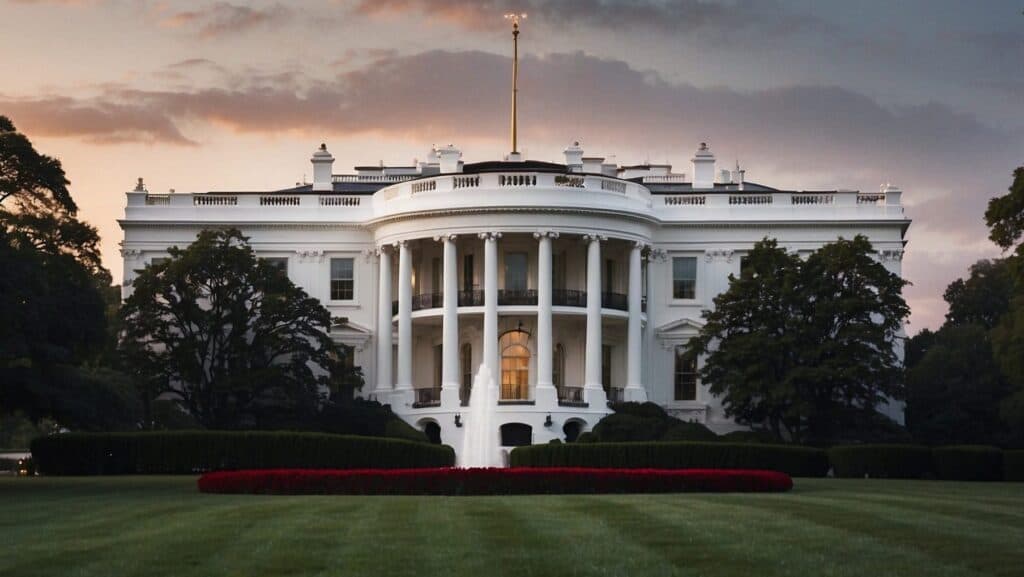 The White House seen from the South Lawn at sunset.