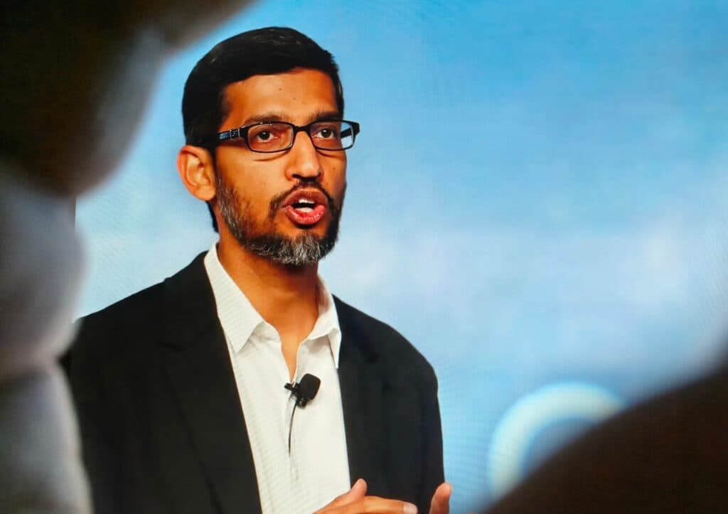 Google CEO Sundar Pichai speaks during an event.