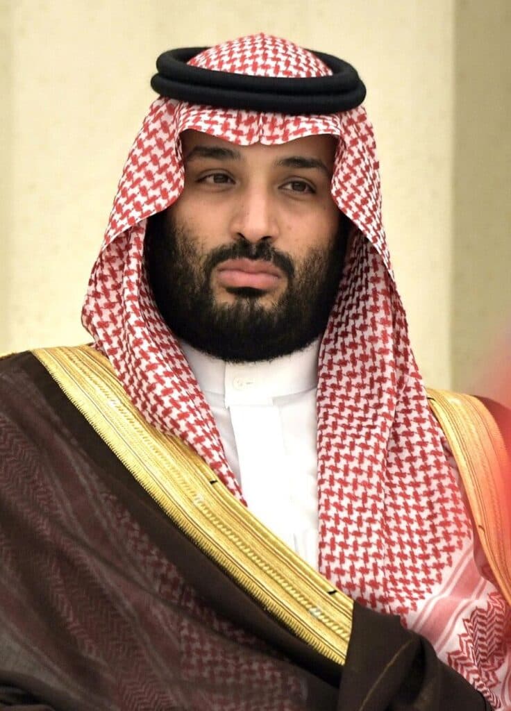 Mohammed bin Salman wearing traditional Saudi attire at an official event.