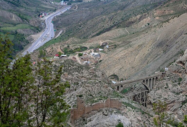 View of the Trans-Iranian Railway and Veresk Bridge in a mountainous area of Iran.