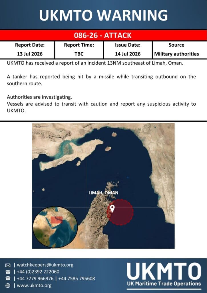 Ship Attacked by Missile Off Oman