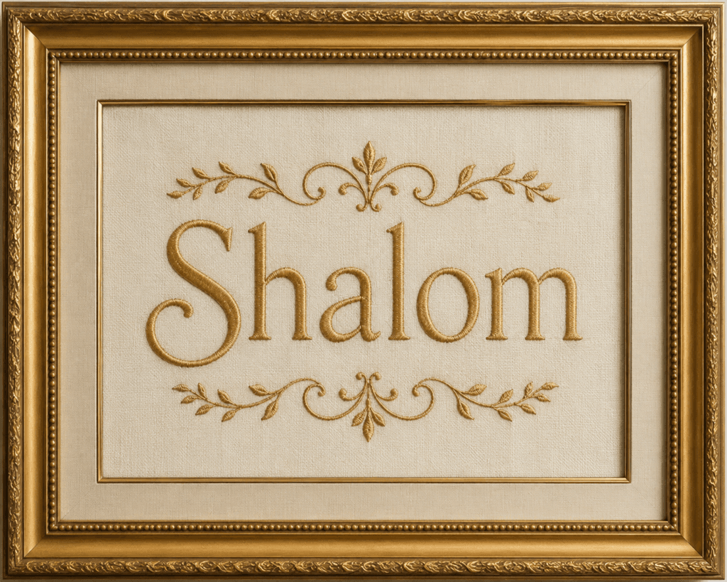 embroidery of the word shalom in a gold frame