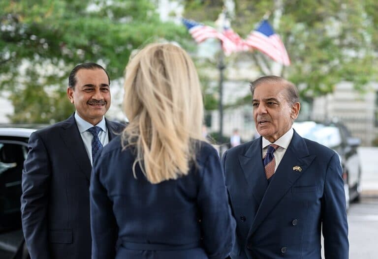 Field Marshal Asim Munir and Prime Minister Shehbaz Sharif of Pakistan being greeted outside the White House.