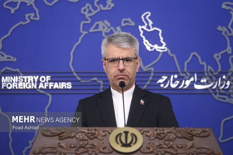 Iranian Foreign Ministry spokesperson Esmail Baghaei speaking at a press conference.