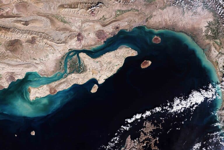 Satellite image of Qeshm Island and nearby islands in Iran near the Strait of Hormuz.