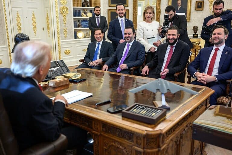 President Donald Trump meeting with Marco Rubio, J.D. Vance, Syrian Foreign Minister Asaad al-Shaibani, and Syrian President Ahmed al-Sharaa.