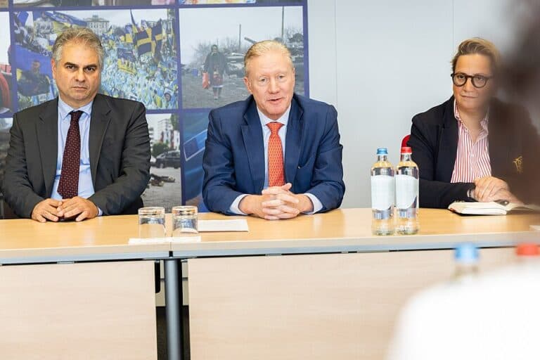 Lebanese Foreign Minister Youssef Rajji seated at a meeting at the European Commission.