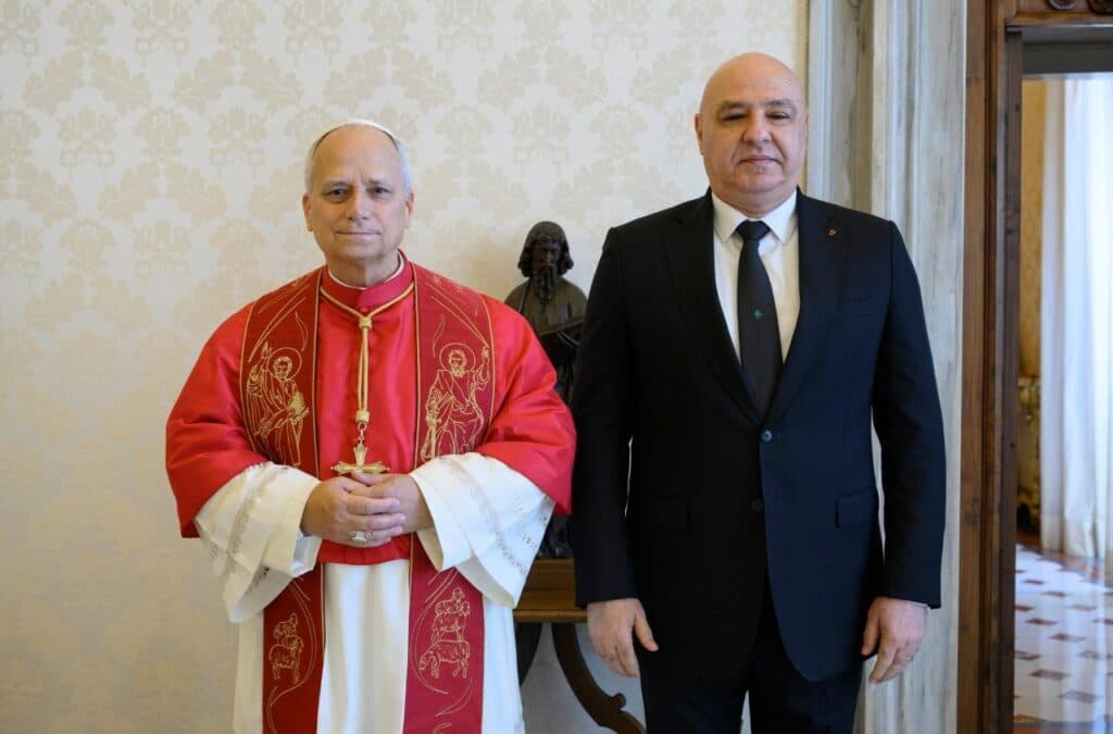 Pope Leo XIV standing beside Lebanese President Joseph Aoun at the Vatican.