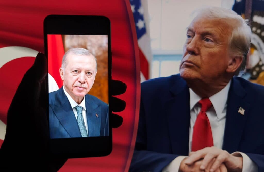 A U.S. president shown beside a phone displaying a Turkish leader, with the Turkish flag in the background.