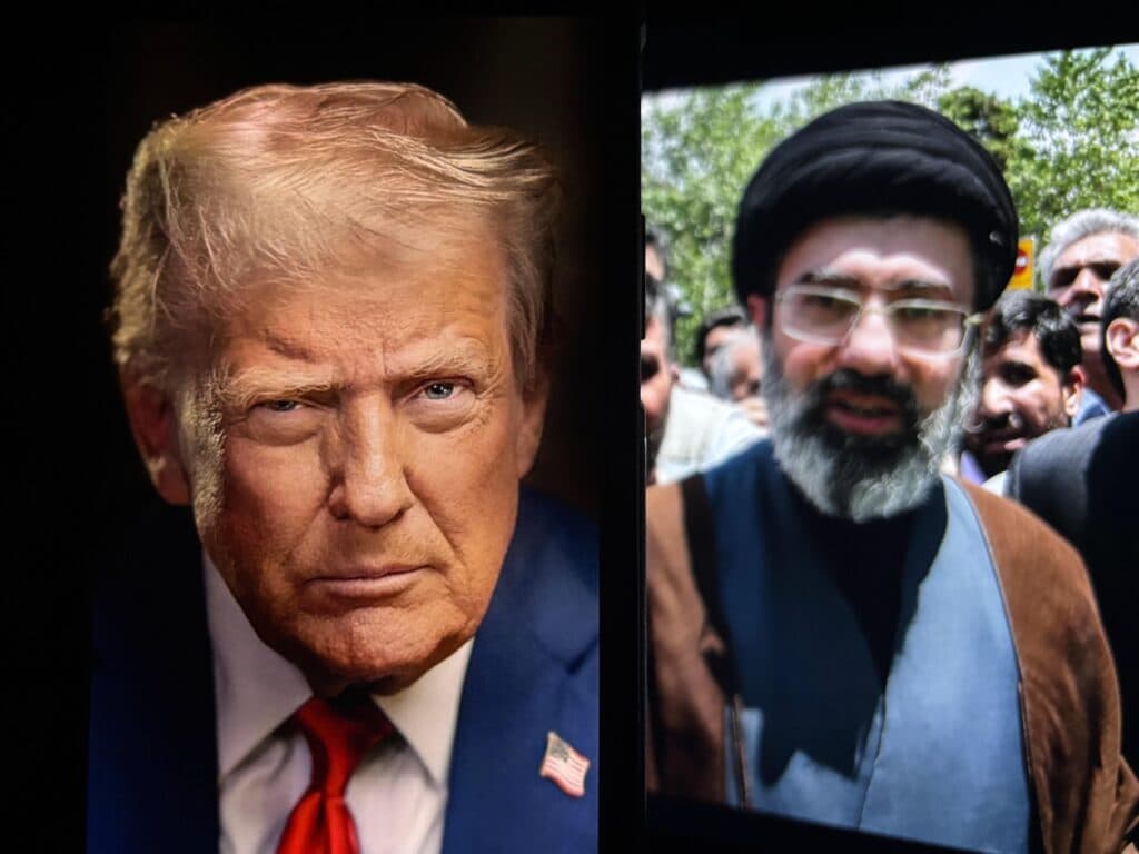 A split-screen image showing a U.S. president and an Iranian leader.