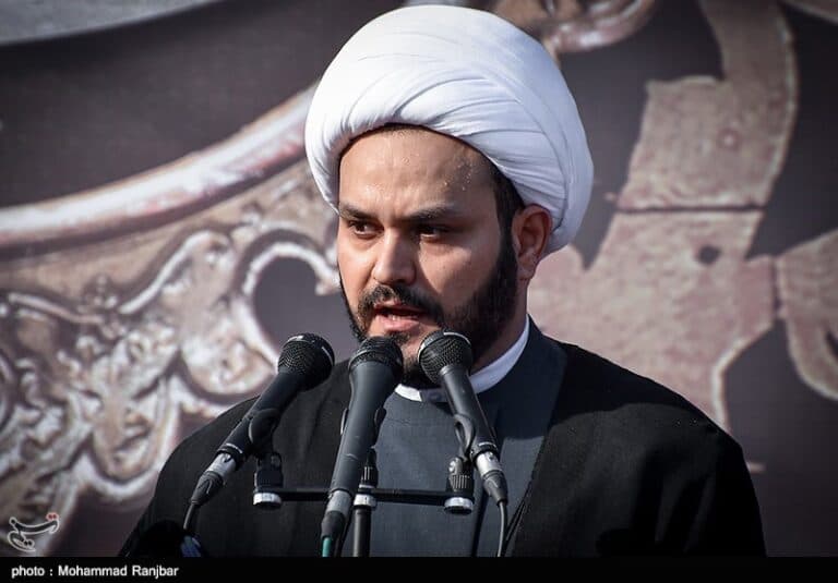 Akram al-Kaabi speaking at a memorial ceremony in Langarud, Iran, in 2017.