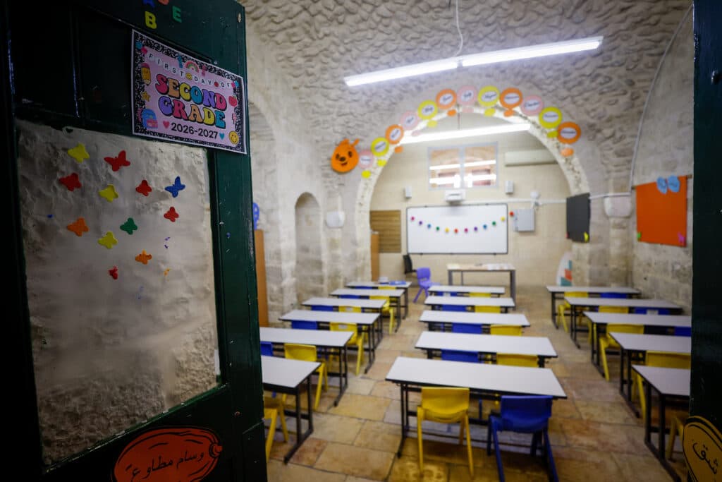 An empty classroom at St. George Elementary School in Beit Hanina, Jerusalem, during the September 1 school strike.