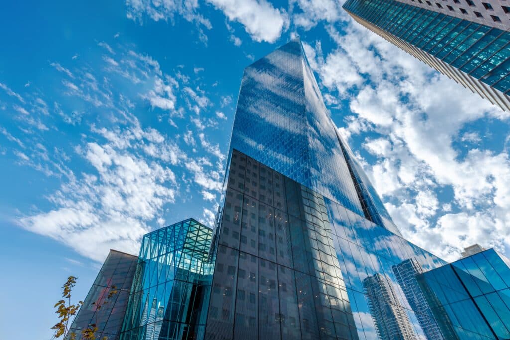 Tel Aviv financial district skyline with modern high-tech office buildings.