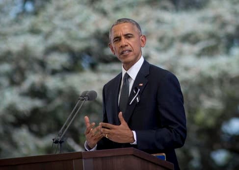 Barack Obama speaks at the funeral of former Israeli President Shimon Peres at Mount Herzl in Jerusalem.
