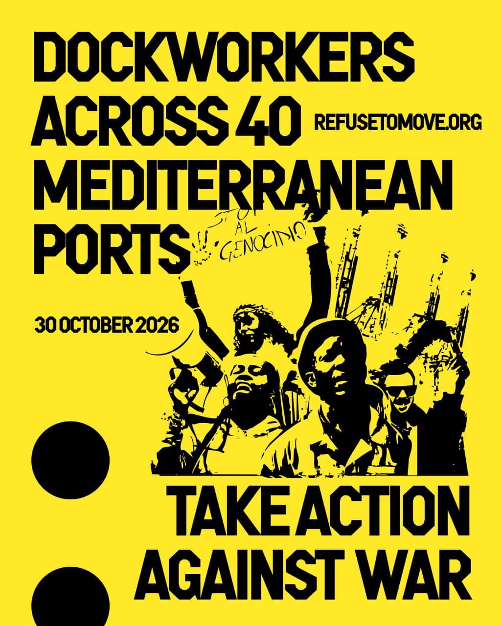 Poster calling dockworkers across Mediterranean ports to take coordinated action against war on October 30, 2026.