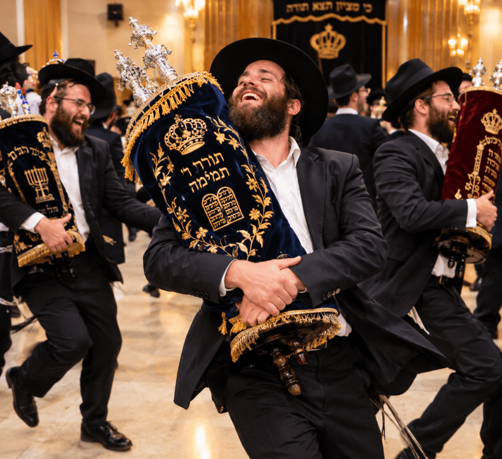 men dancing with torah scroll