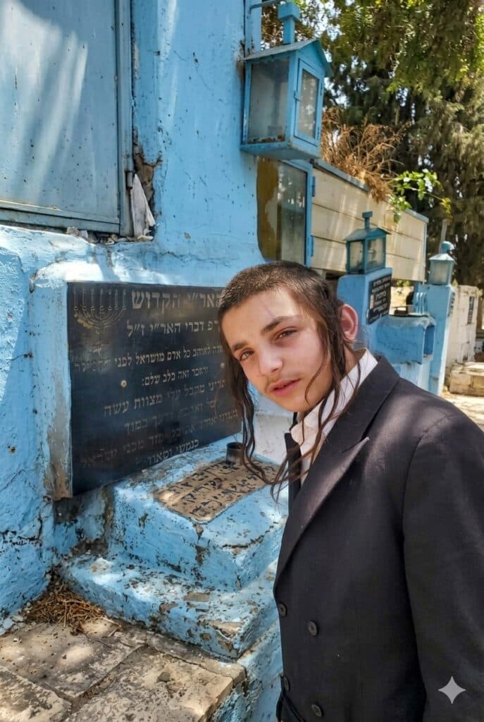 A young Haredi boy stands near a monument.