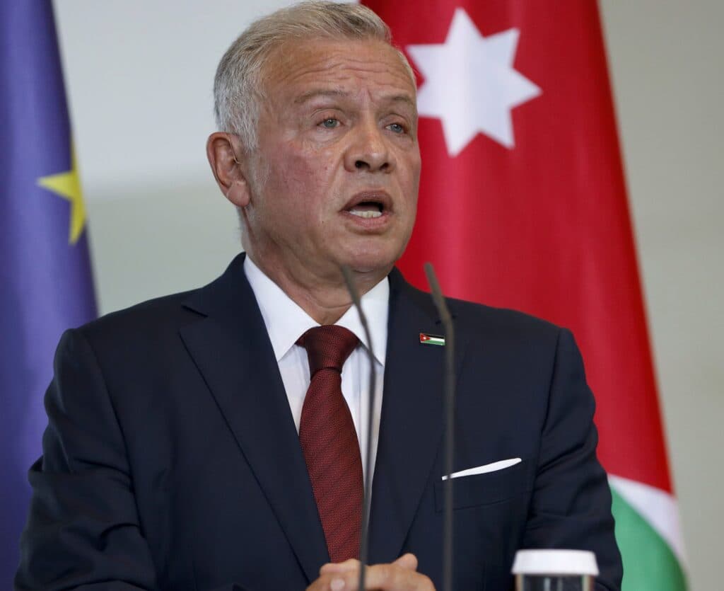 King Abdullah II of Jordan speaking during a visit to Berlin as he criticizes Israel at the UN.