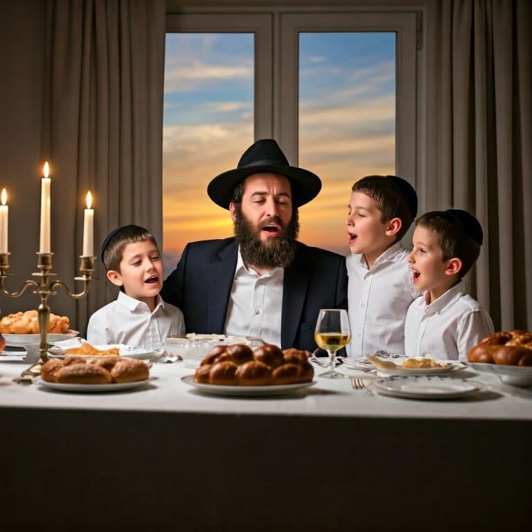 Jewish father and sons singing shabbat zemirot, AI image