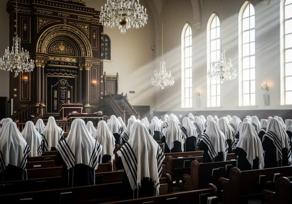 AI jewish men praying in synagogue