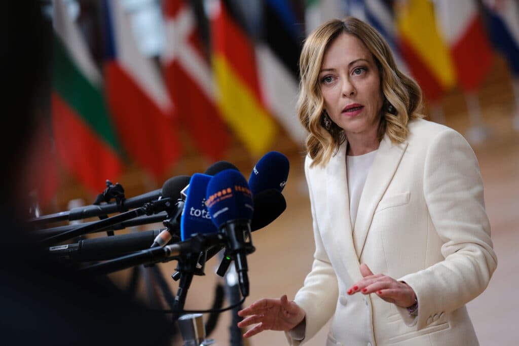 Italian Prime Minister Giorgia Meloni speaks to reporters during an EU leaders’ summit in Brussels.