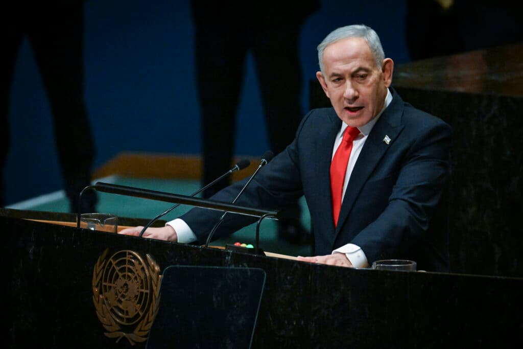 Prime Minister Benjamin Netanyahu speaks at the United Nations General Assembly in New York.