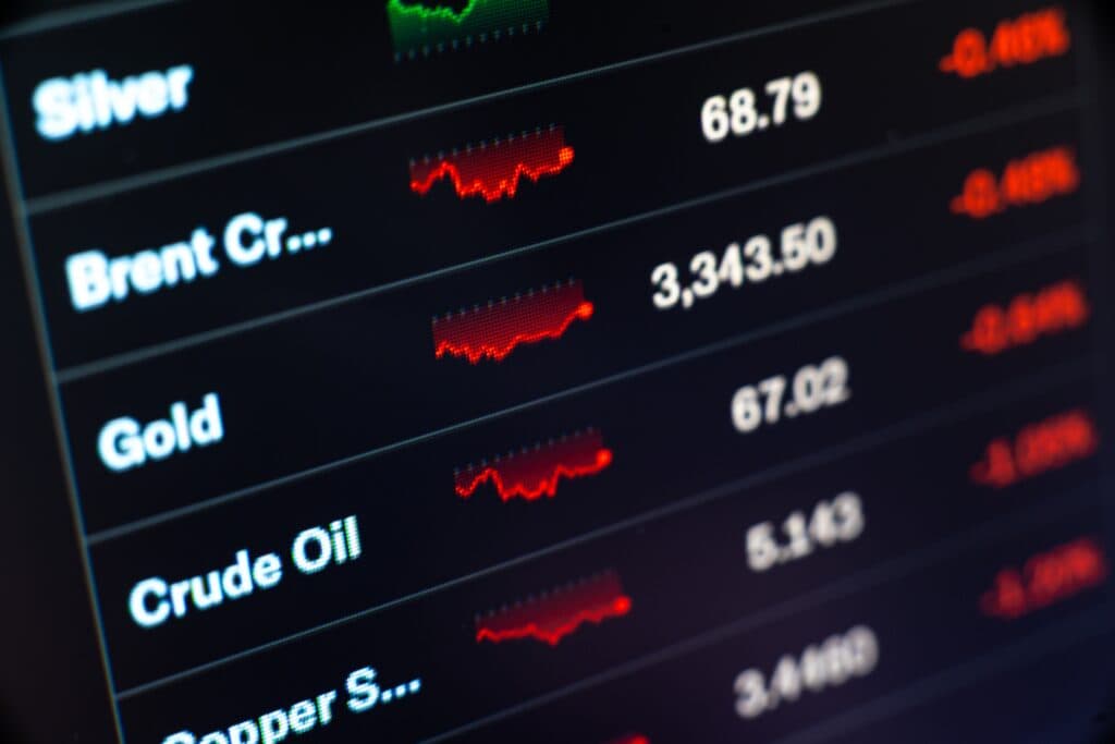 Digital market board showing crude oil, Brent crude, gold, and silver prices.