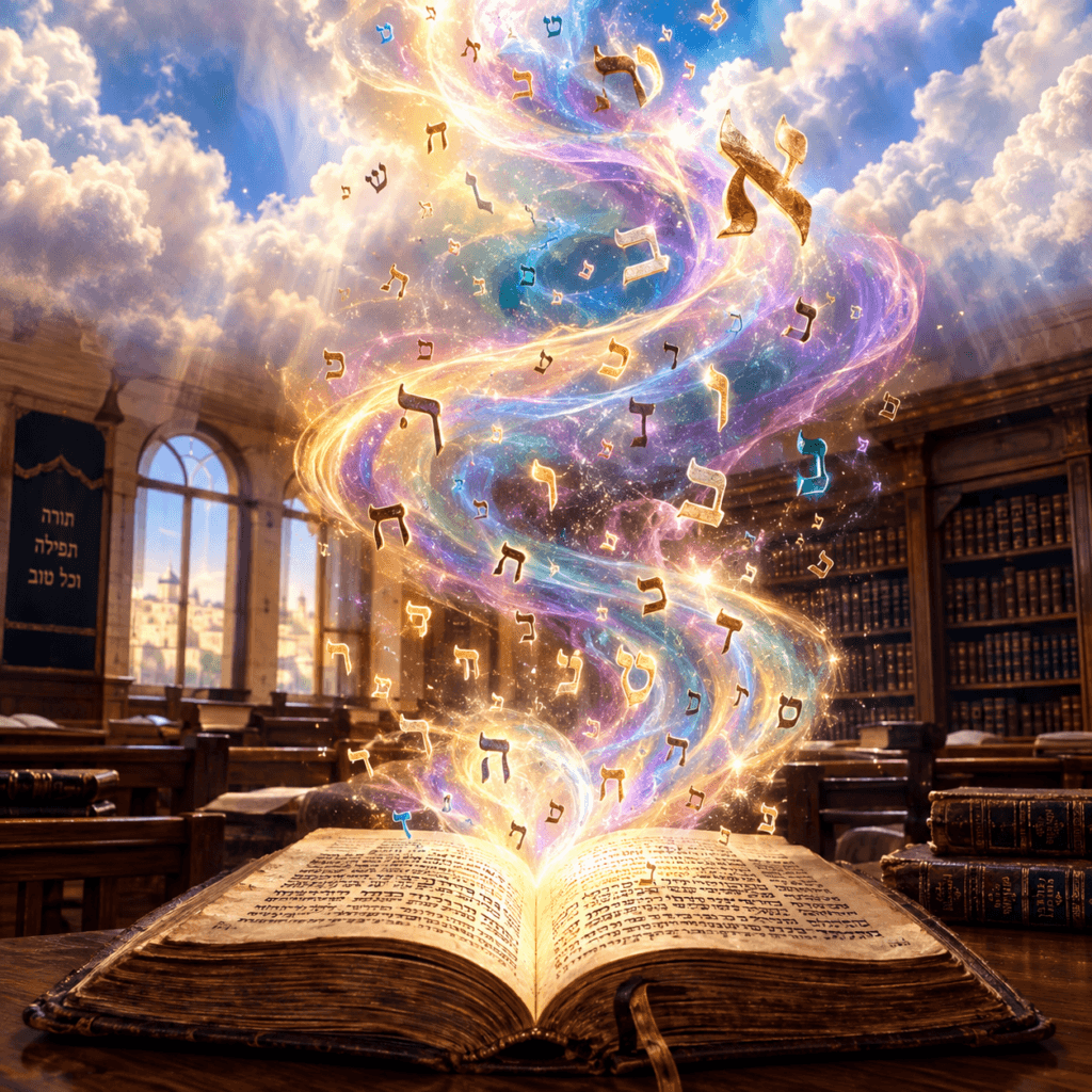 hebrew letters flying out of a holy book, going up to God